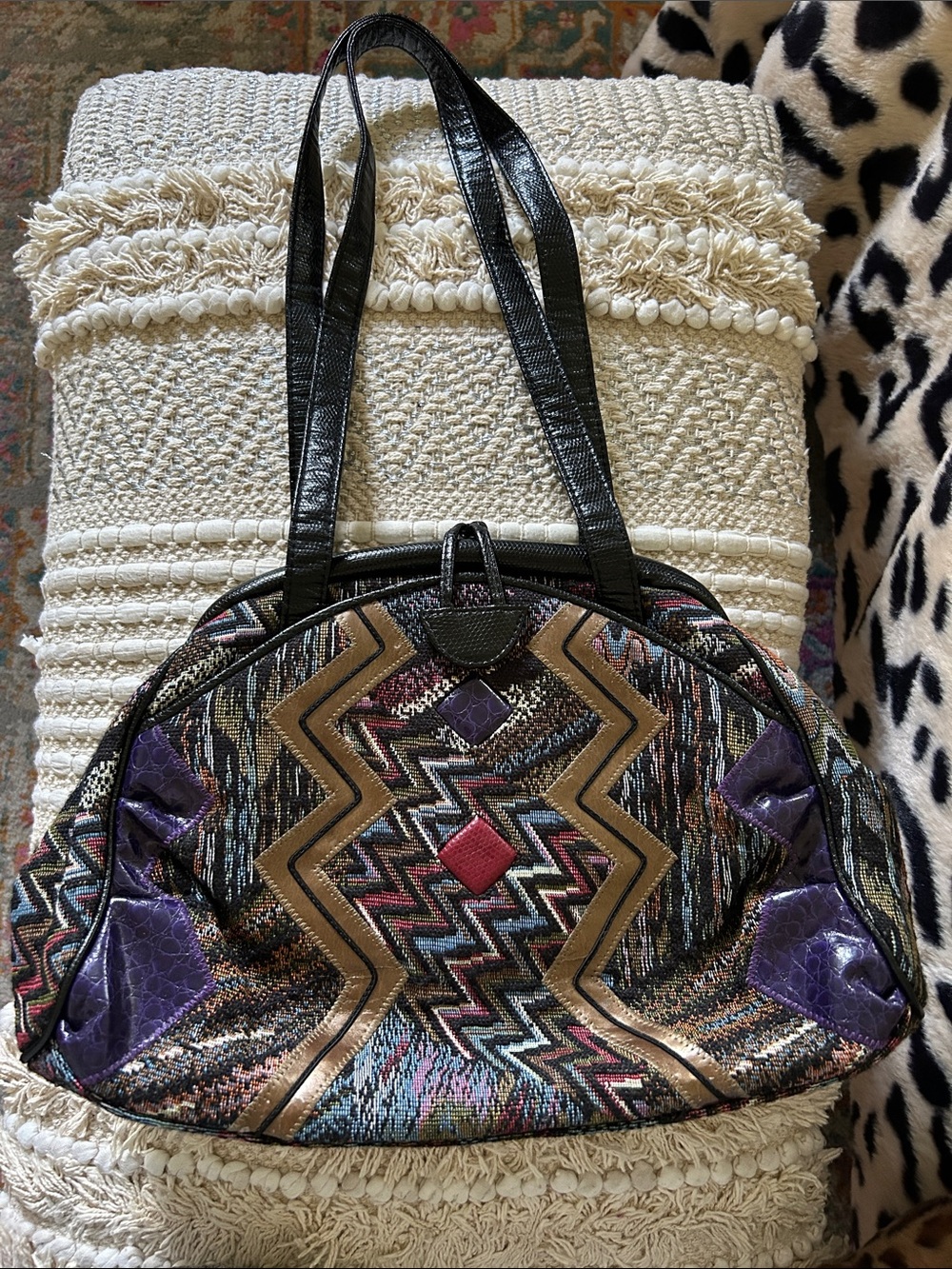 Multicolor Zigzag Embroidered Shoulder Bag with Black Straps